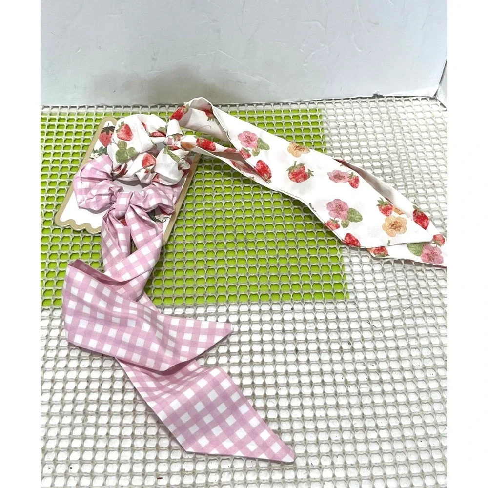 Nanette‎ Lepore 2pc Scarf Scrunchie Set Pink Gingham Hair Accessories NEW